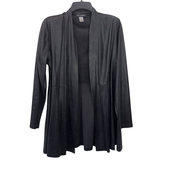 Soft Works Faux Coating Black Open Front Cardigan Jacket Womens S - Picture 1 of 11